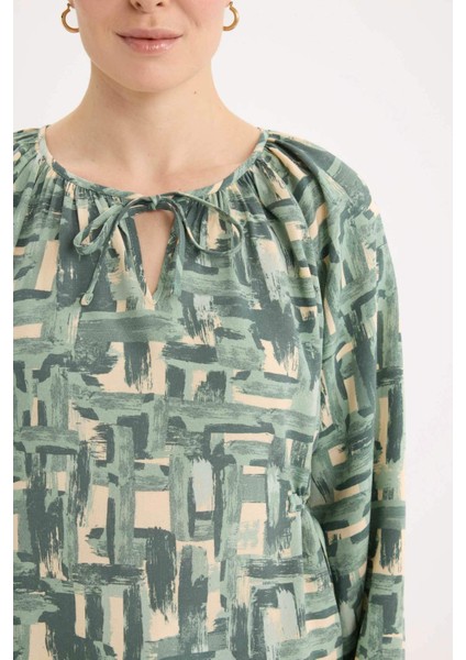 Regular Fit Büzgülü Yaka Desenli Uzun Kollu Bluz E6860AX25SP