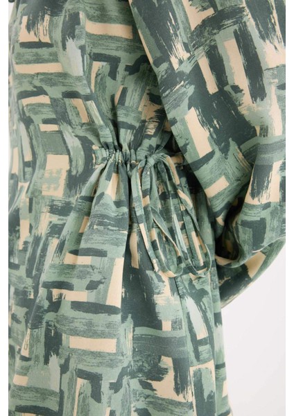 Regular Fit Büzgülü Yaka Desenli Uzun Kollu Bluz E6860AX25SP