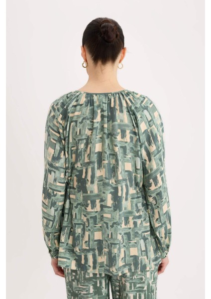 Regular Fit Büzgülü Yaka Desenli Uzun Kollu Bluz E6860AX25SP