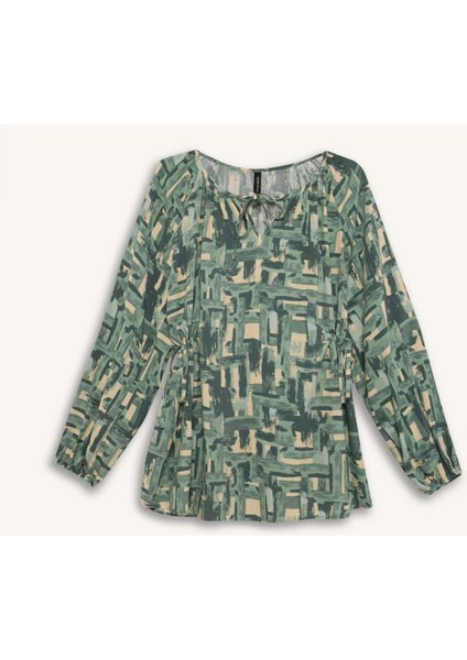 Regular Fit Büzgülü Yaka Desenli Uzun Kollu Bluz E6860AX25SP