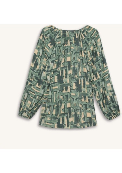 Regular Fit Büzgülü Yaka Desenli Uzun Kollu Bluz E6860AX25SP