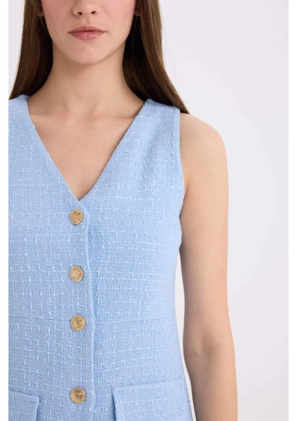 V Yaka Kolsuz Düğme Detaylı Midi Elbise C1792AX25SP