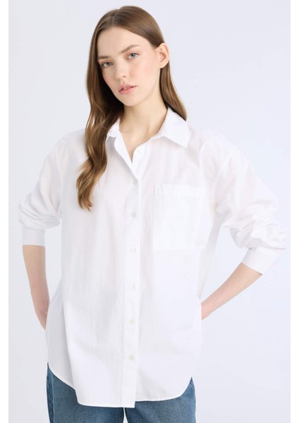 Oversize Geniş Kalıp Tek Cepli Poplin Uzun Kollu Gömlek