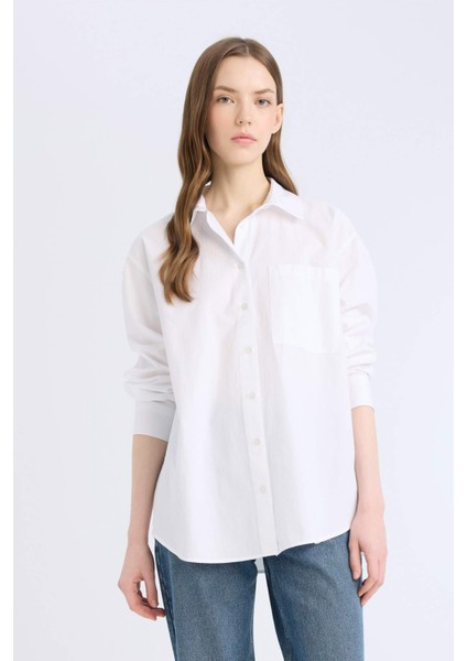 Oversize Geniş Kalıp Tek Cepli Poplin Uzun Kollu Gömlek