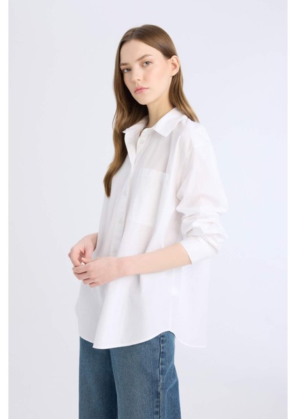 Oversize Geniş Kalıp Tek Cepli Poplin Uzun Kollu Gömlek