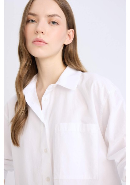 Oversize Geniş Kalıp Tek Cepli Poplin Uzun Kollu Gömlek