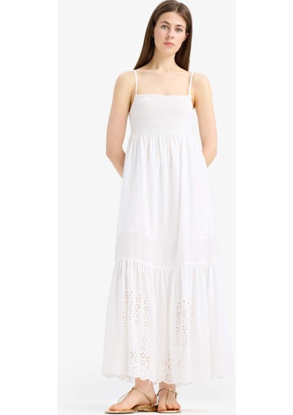 Elastik Yaka Pamuklu Askılı Beyaz Maxi Elbise E6856AX25SM