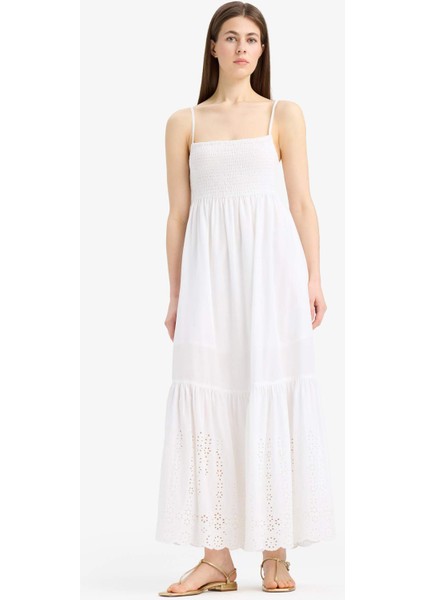 Elastik Yaka Pamuklu Askılı Beyaz Maxi Elbise E6856AX25SM