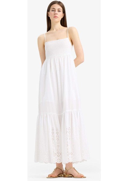 Elastik Yaka Pamuklu Askılı Beyaz Maxi Elbise E6856AX25SM