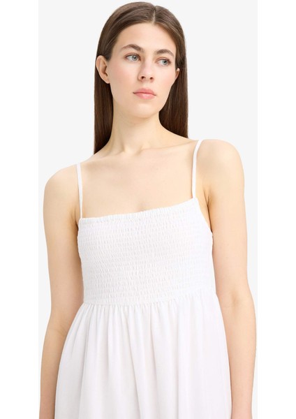 Elastik Yaka Pamuklu Askılı Beyaz Maxi Elbise E6856AX25SM