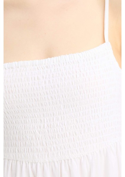 Elastik Yaka Pamuklu Askılı Beyaz Maxi Elbise E6856AX25SM