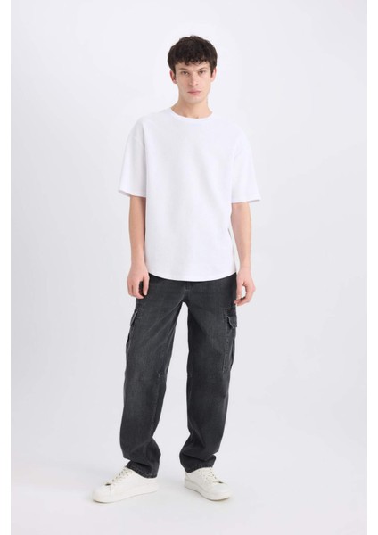 %100 Pamuk Relax Fit Rahat Kesim Geniş Paça Kargo Cepli Siyah Jean Pantolon E6694AX25SP