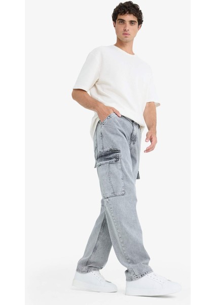 %100 Pamuk Relax Fit Rahat Kesim Kargo Cepli Geniş Paça Jean Pantolon D7263AX25SP