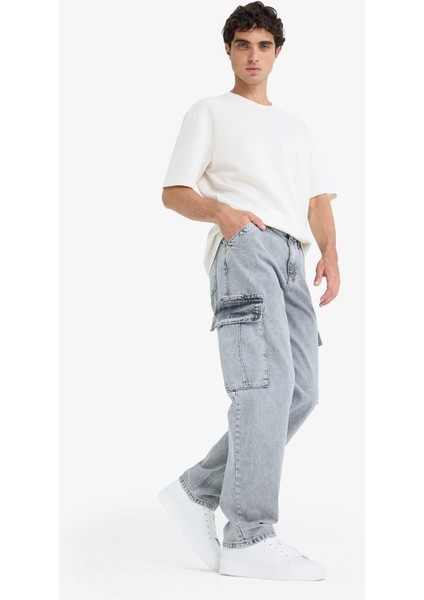 %100 Pamuk Relax Fit Rahat Kesim Kargo Cepli Geniş Paça Jean Pantolon D7263AX25SP