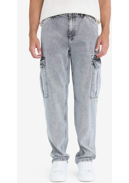 %100 Pamuk Relax Fit Rahat Kesim Kargo Cepli Geniş Paça Jean Pantolon D7263AX25SP