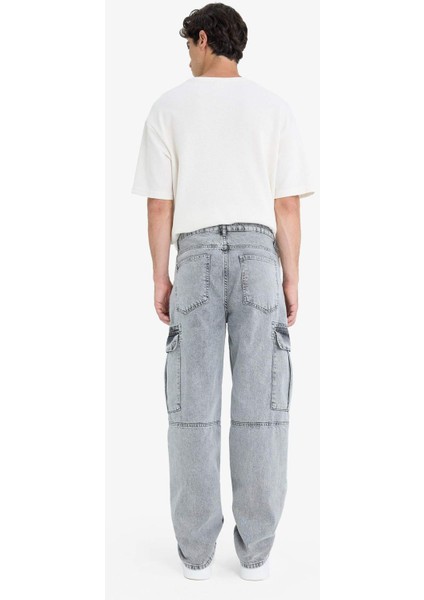 %100 Pamuk Relax Fit Rahat Kesim Kargo Cepli Geniş Paça Jean Pantolon D7263AX25SP