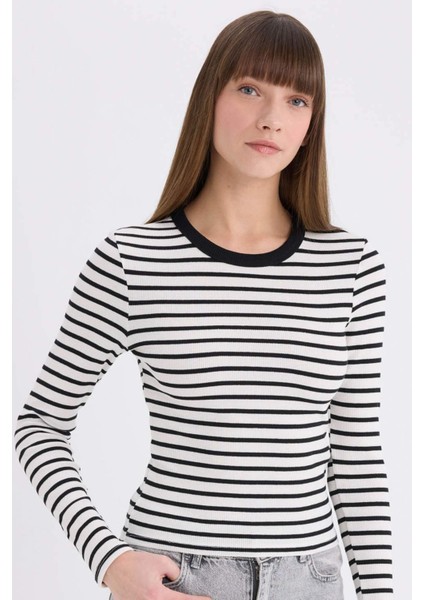 Slim Fit Dar Kesim Bisiklet Yaka Çizgili Uzun Kollu Tişört D3754AX25SP