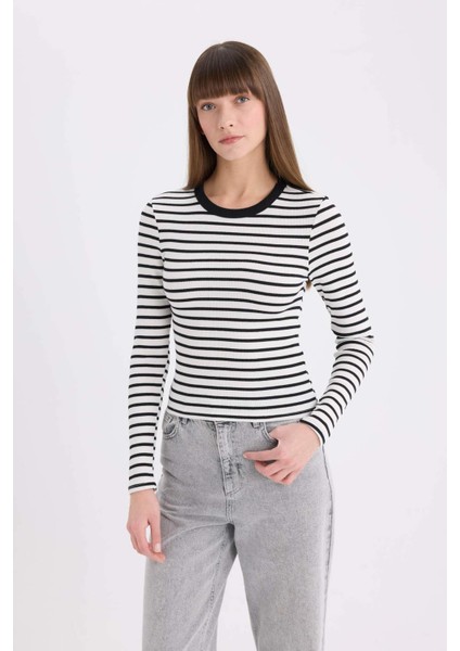 Slim Fit Dar Kesim Bisiklet Yaka Çizgili Uzun Kollu Tişört D3754AX25SP
