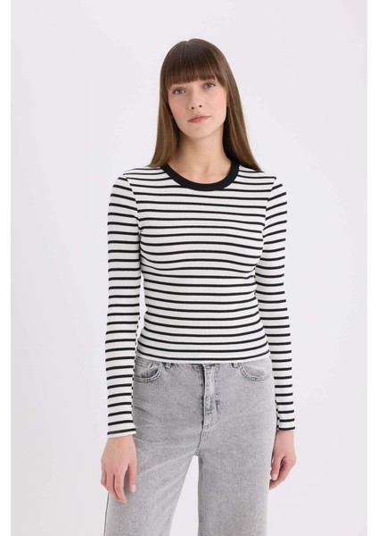 Slim Fit Dar Kesim Bisiklet Yaka Çizgili Uzun Kollu Tişört D3754AX25SP