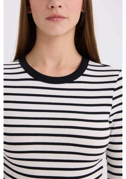 Slim Fit Dar Kesim Bisiklet Yaka Çizgili Uzun Kollu Tişört D3754AX25SP
