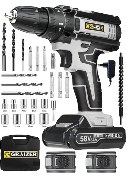 Alman 58 V 5 Ah Darbeli Metal Şanzuman Bakir Sargili Çift Akülü Şarjlı Vidalama Matkap 24 Parça Set