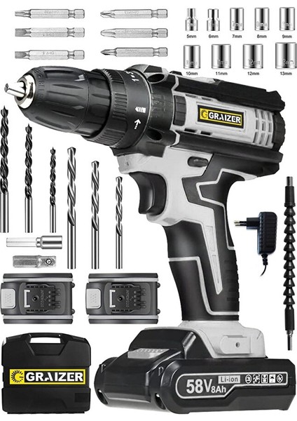 Alman 58 V 5 Ah Darbeli Metal Şanzuman Bakir Sargili Çift Akülü Şarjlı Vidalama Matkap 24 Parça Set fiyatları