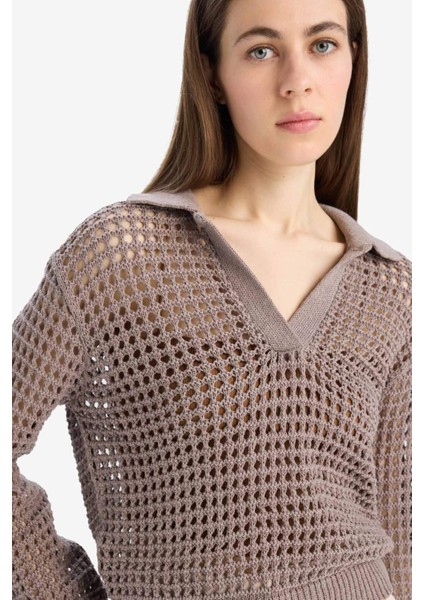 Relax Fit Polo Yaka Basic Düz Ajur Triko Kazak E7025AX25SM