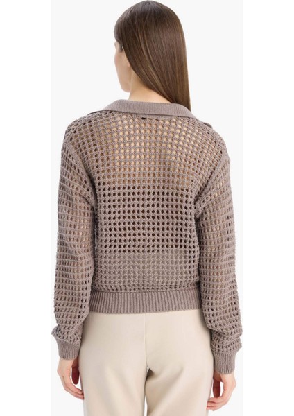 Relax Fit Polo Yaka Basic Düz Ajur Triko Kazak E7025AX25SM