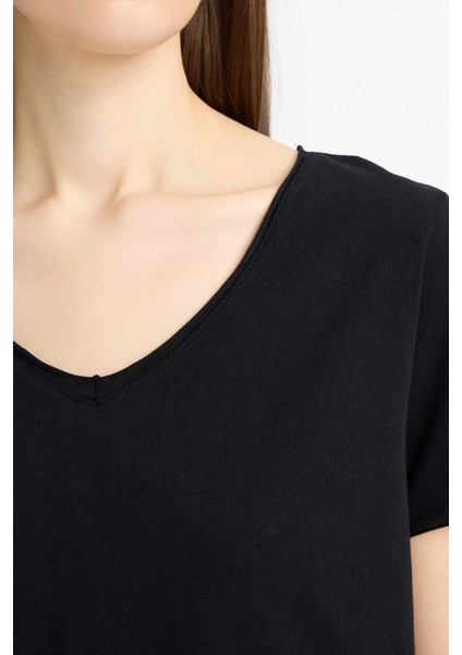 Regular Fit V Yaka Basic Düz Kısa Kollu Siyah Tişört K1507AZ25SM