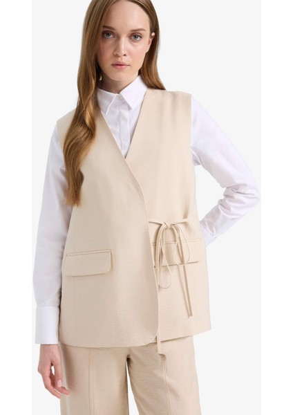 V Yaka Bağcıklı Basic Düz Blazer Yelek E4358AX25SP