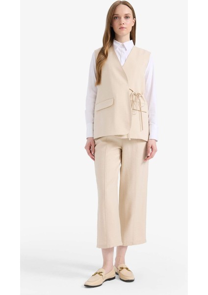 V Yaka Bağcıklı Basic Düz Blazer Yelek E4358AX25SP