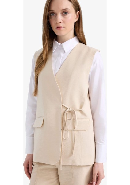 V Yaka Bağcıklı Basic Düz Blazer Yelek E4358AX25SP