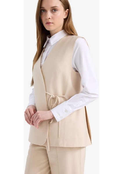 V Yaka Bağcıklı Basic Düz Blazer Yelek E4358AX25SP