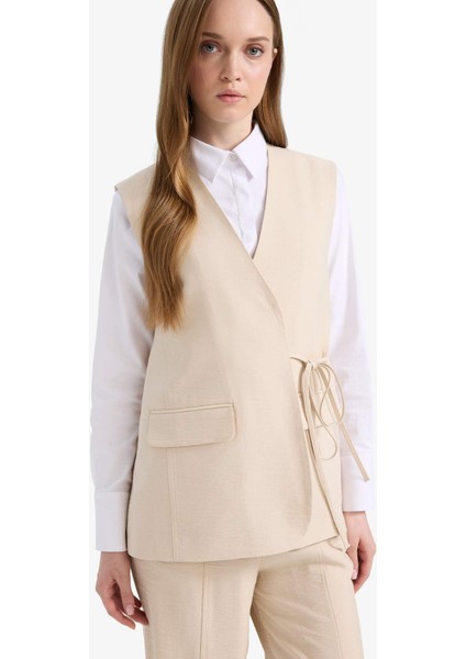 V Yaka Bağcıklı Basic Düz Blazer Yelek E4358AX25SP