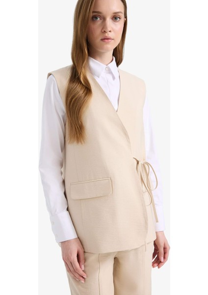 V Yaka Bağcıklı Basic Düz Blazer Yelek E4358AX25SP