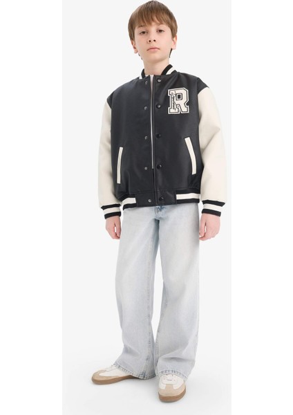 Erkek Çocuk Okul Su Geçirmez Kolej Yaka Fermuarlı Çift Cepli Mevsimlik Suni Deri Bomber Mont Ceket C7088A825AU