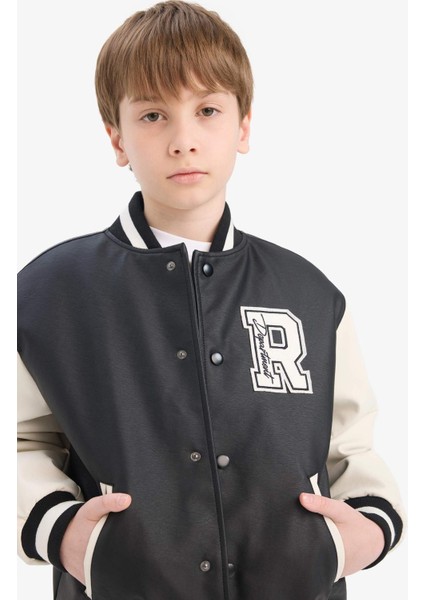 Erkek Çocuk Okul Su Geçirmez Kolej Yaka Fermuarlı Çift Cepli Mevsimlik Suni Deri Bomber Mont Ceket C7088A825AU