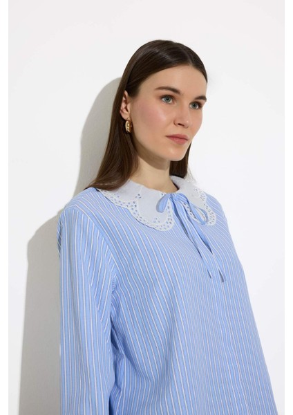 Regular Fit Geniş Yakalı Çizgili Poplin Uzun Kollu Gömlek Tunik E4354AX25SP