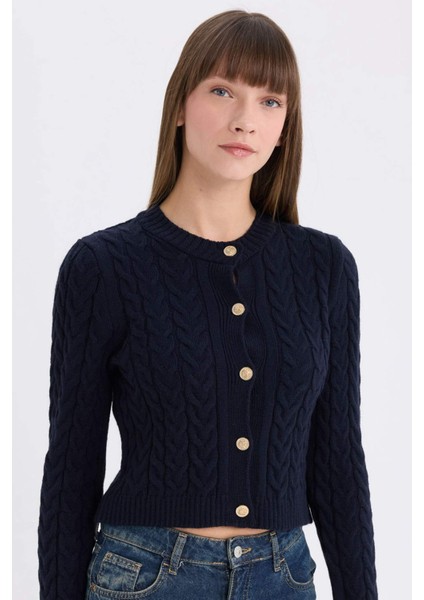 Regular Fit Bisiklet Yaka Selanik Örgü Desenli Triko Hırka