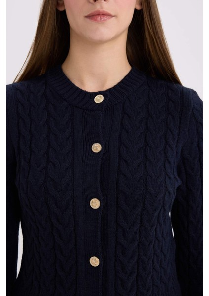 Regular Fit Bisiklet Yaka Selanik Örgü Desenli Triko Hırka