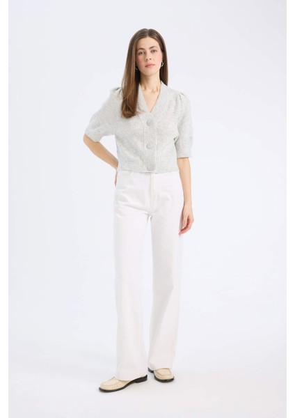 Fitted V Yaka Düğmeli Kısa Kollu Triko Hırka E6906AX25SP