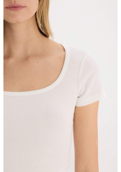 Slim Fit Dar Kesim Yuvarlak Yaka Basic Düz Fitilli Kaşkorse Kısa Kollu Çıtçıtlı Tişört E6579AX25SP