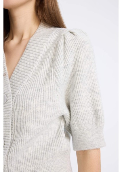 Fitted V Yaka Düğmeli Kısa Kollu Triko Hırka E6906AX25SP