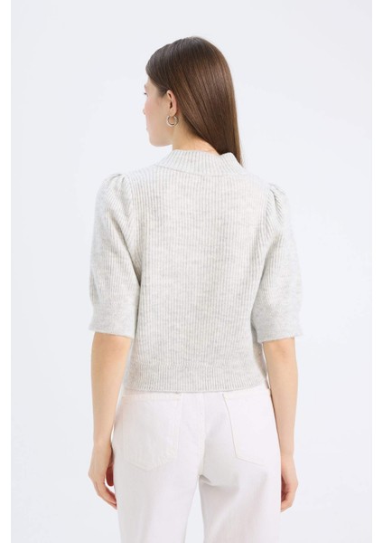 Fitted V Yaka Düğmeli Kısa Kollu Triko Hırka E6906AX25SP