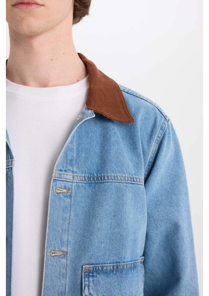 %100 Pamuk Slim Fit Dar Kesim Kontrast Yakalı Mevsimlik Baharlık Denim Ceket E6533AX25SP