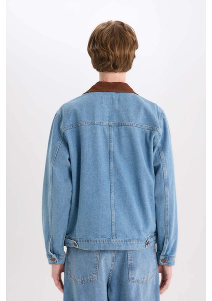%100 Pamuk Slim Fit Dar Kesim Kontrast Yakalı Mevsimlik Baharlık Denim Ceket E6533AX25SP
