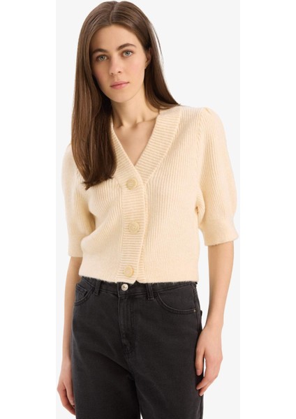 Fitted V Yaka Düğmeli Kısa Kollu Triko Hırka E6906AX25SP