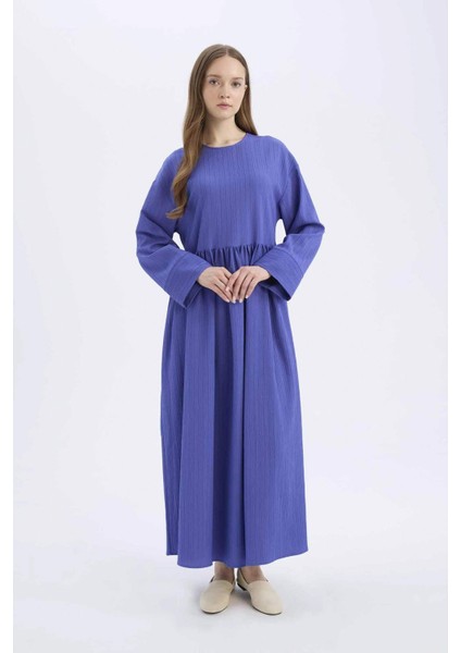 Regular Fit Bisiklet Yaka Gofre Dokulu Uzun Kollu Maxi Elbise E6597AX25SP