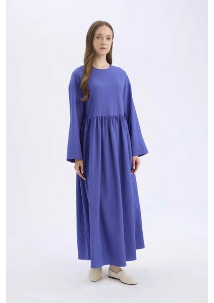 Regular Fit Bisiklet Yaka Gofre Dokulu Uzun Kollu Maxi Elbise E6597AX25SP