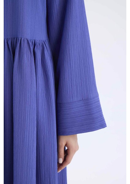 Regular Fit Bisiklet Yaka Gofre Dokulu Uzun Kollu Maxi Elbise E6597AX25SP